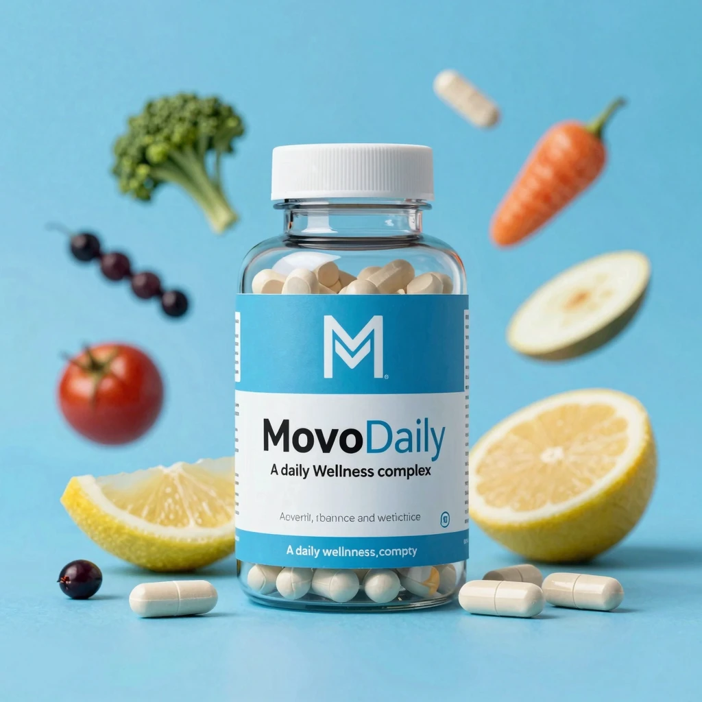 MovoDaily supplement bottle illustration with cyan accent label